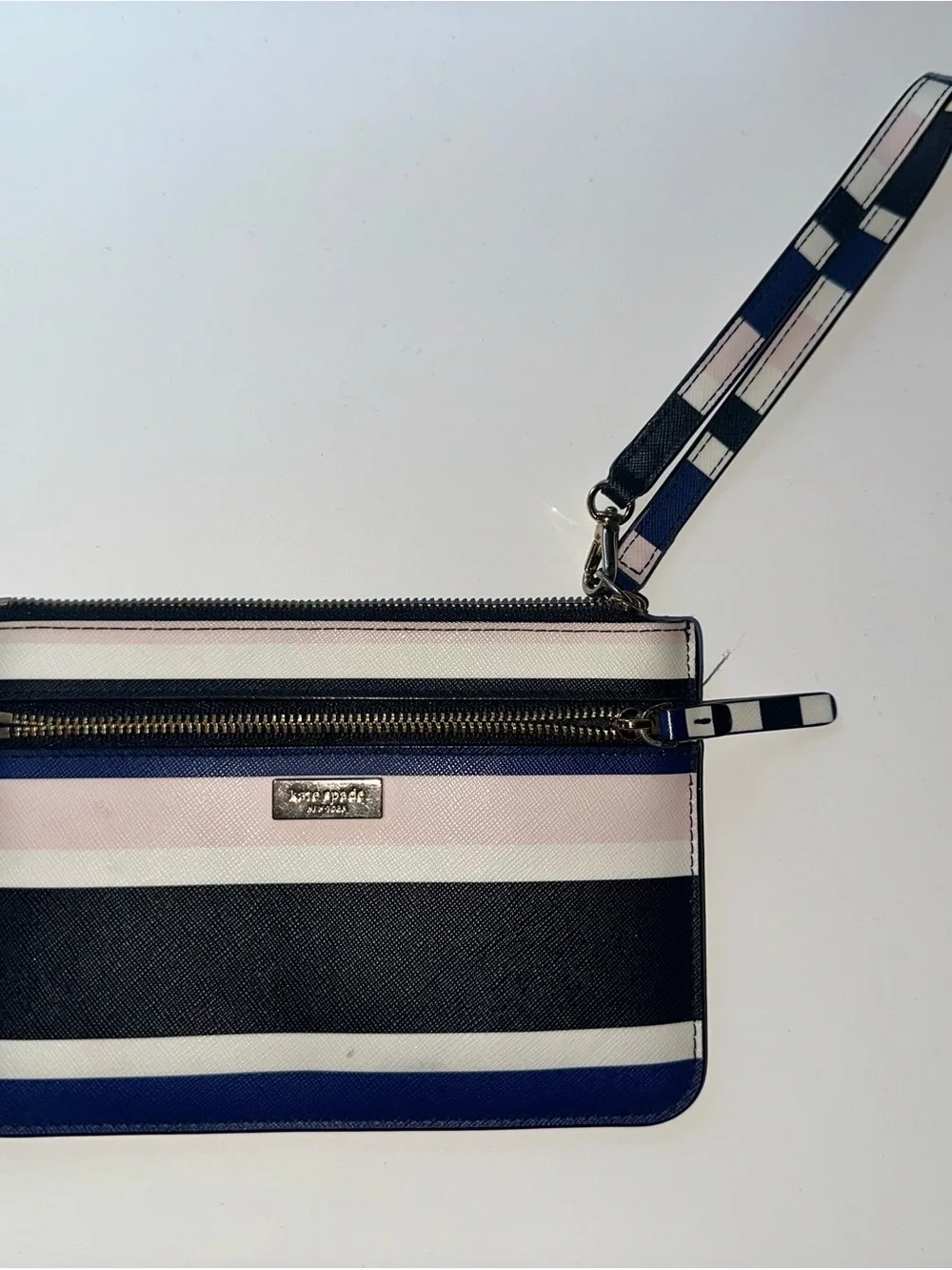 kate spade Striped Wristlet in Navy, Black & Light Pink